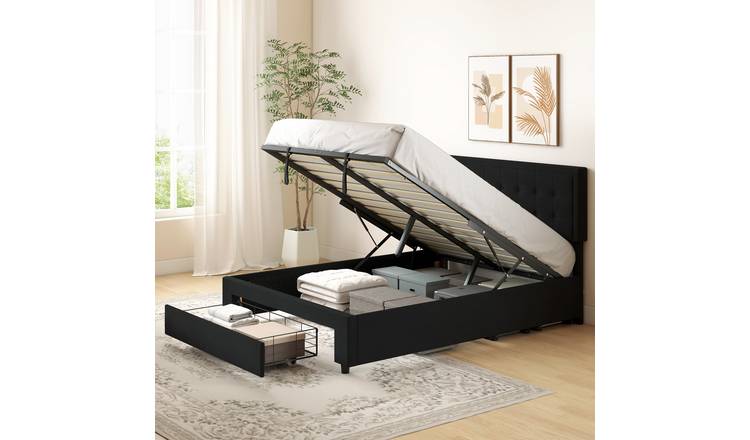 HOMCOM 4FT6 Double Upholstered Ottoman Bed Frame with Storage Drawer - Black