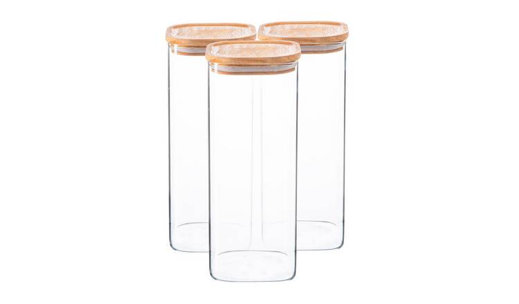 Argon Tableware Square Glass Storage Jars with Wooden Lids - Pack of 6