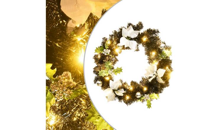 Walplus PVC Christmas Wreath with LED Lights - Black and Silver - 60 cm