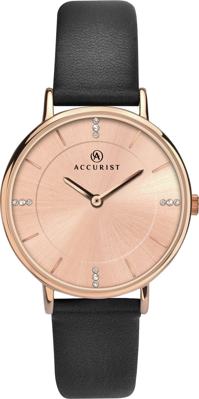 Accurist Ladies' Rose Colour Dial Black Leather Strap Watch