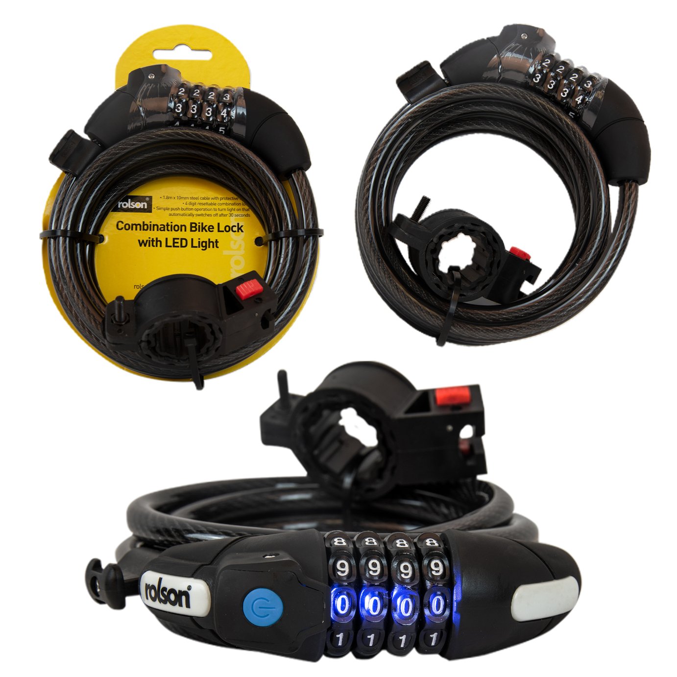 Rolson LED Light Combination Cable Bike Lock - 1.8m