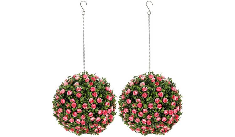 HOMCOM Set of 2 Hanging Artificial Topiary Balls with Rose - Pink