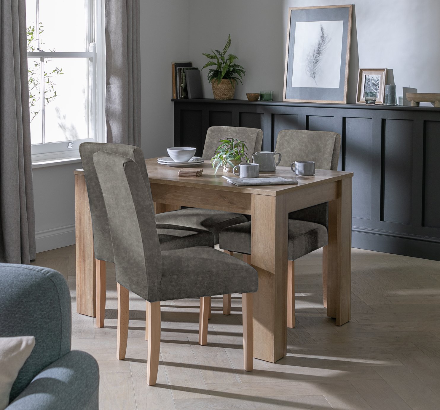 Argos Home Miami Non-Ext Oak Dining Table &4 Charcoal Chairs