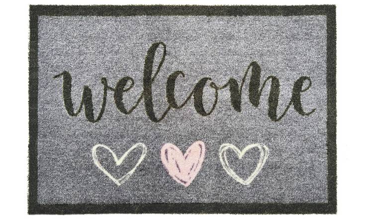 My Mats Welcome Grey Hearts Short Pile Doormat - 75x50cm