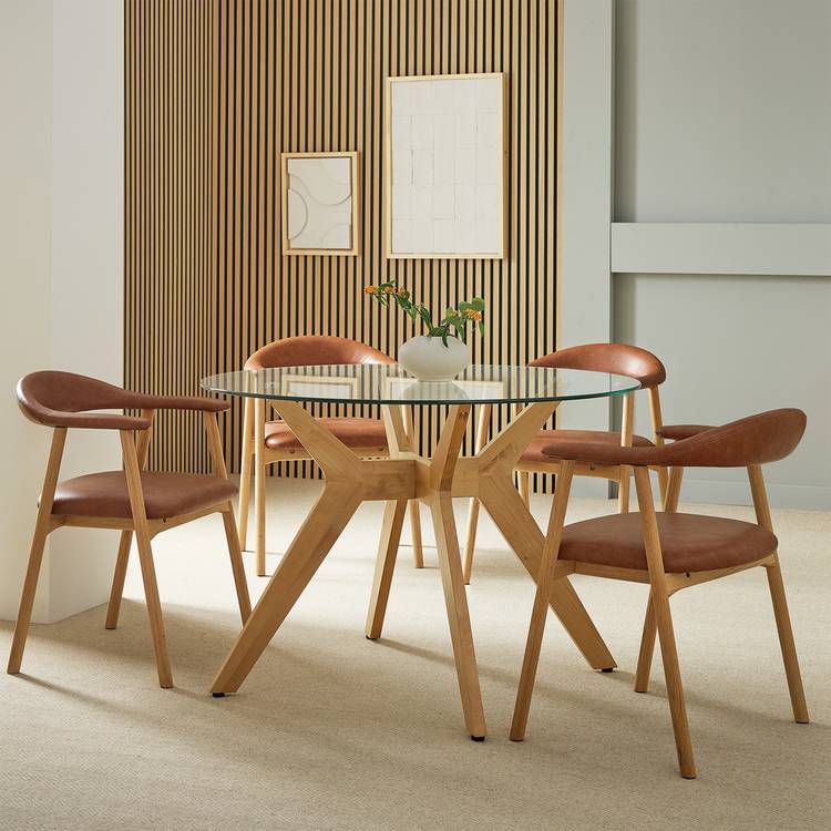 Habitat Zela Glass Natural Dining Table & 4 Tan Chairs 0
