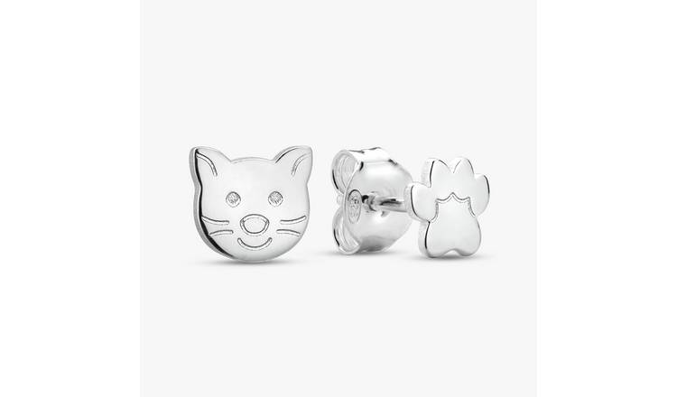 Revere Sterling Silver Paw and Cat Face Stud Earrings