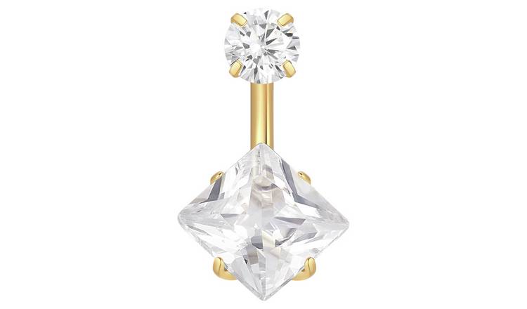 With Bling Titanium Cubic Zirconia Square Stone Belly Bar