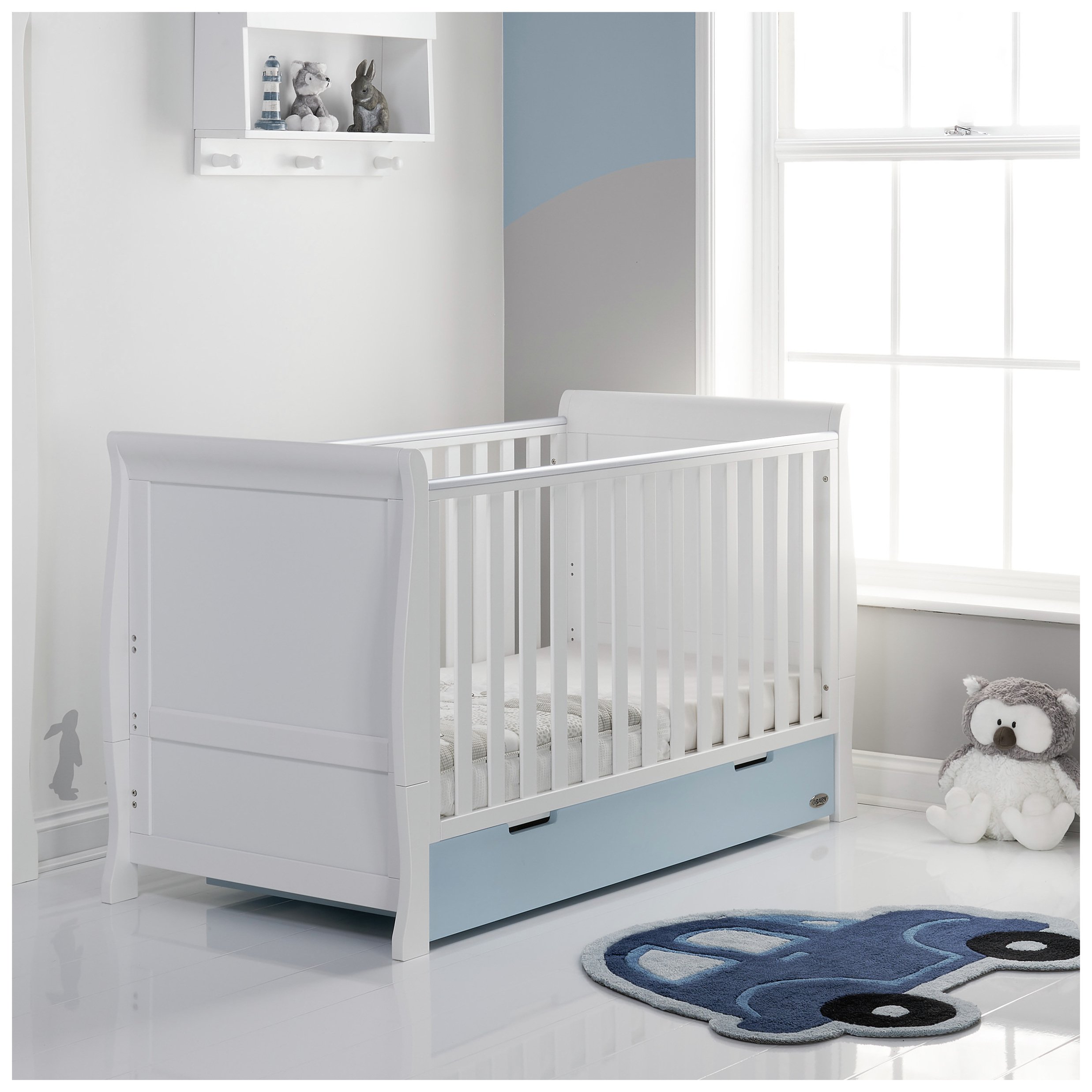 Obaby Stamford Classic Sleigh Cot Bed - White & Bonbon Blue