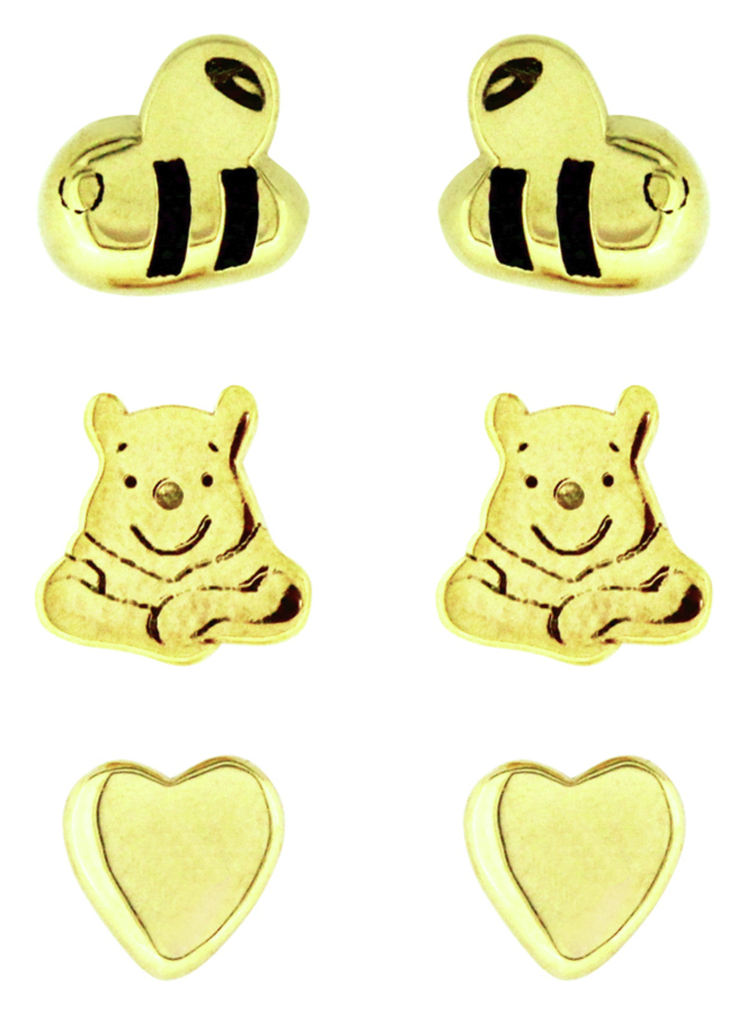 Disney Pooh Bear 9ct Gold Plated SS Set of 3 Stud Earrings
