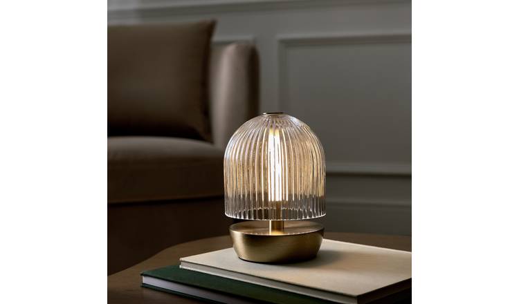 Habitat Ribbed Glass Portable Table Lamp - Brushed Brass