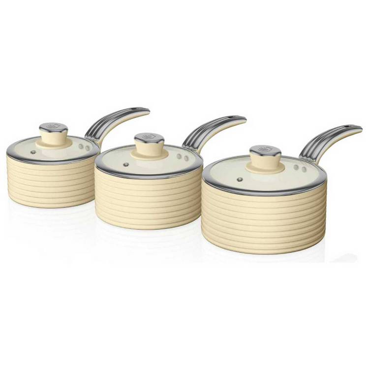 Swan Retro 3 Piece Non Stick Aluminium Saucepan Set - Cream 0