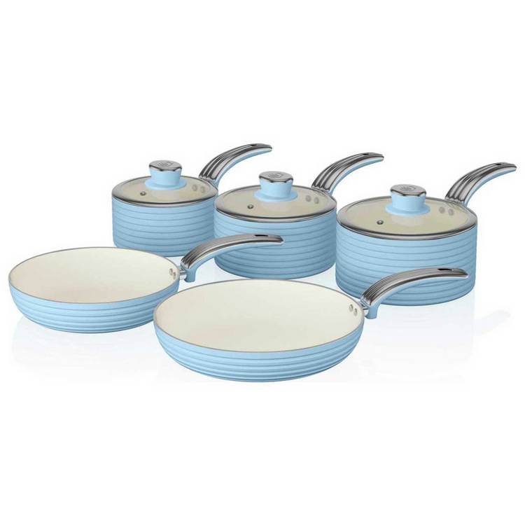 Swan Retro 5 Piece Aluminium Saucepan Set - Blue 0