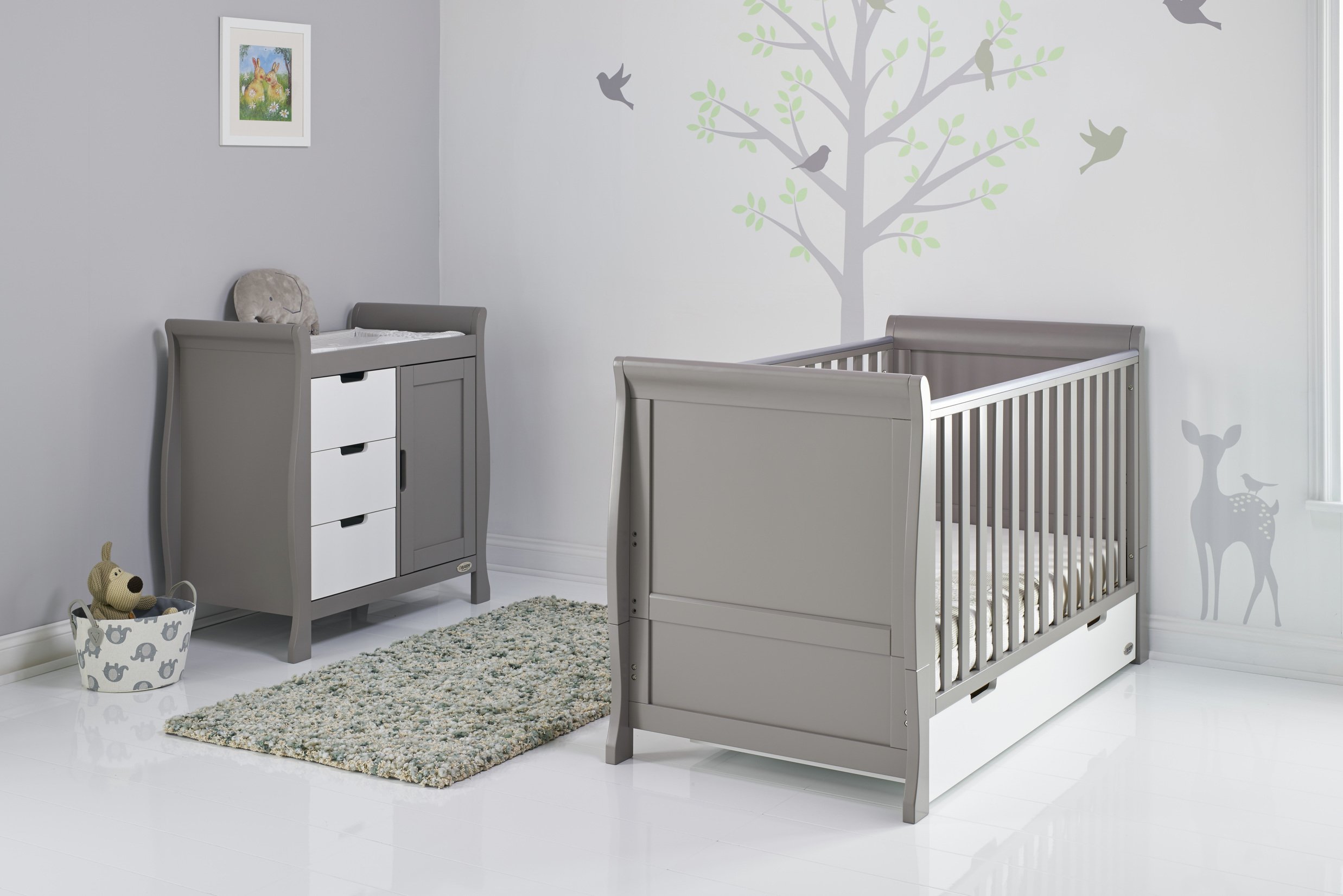 Obaby Stamford Sleigh 2 Piece Room Set - Taupe Grey & White