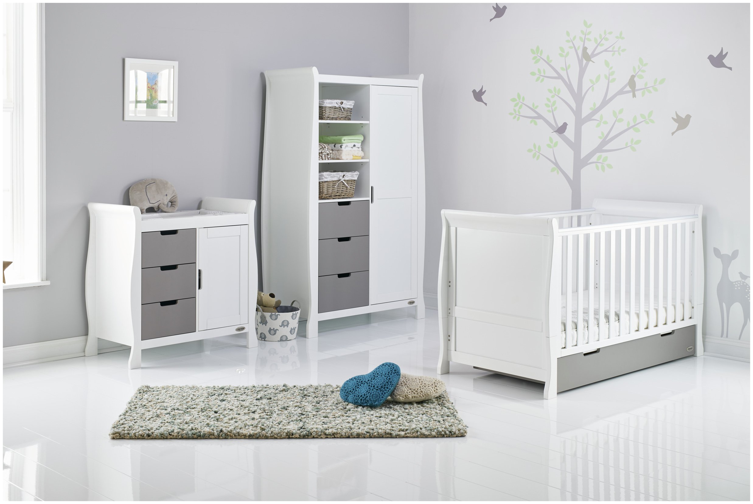 Obaby Stamford Sleigh 3 Piece Room Set - White & Taupe Grey