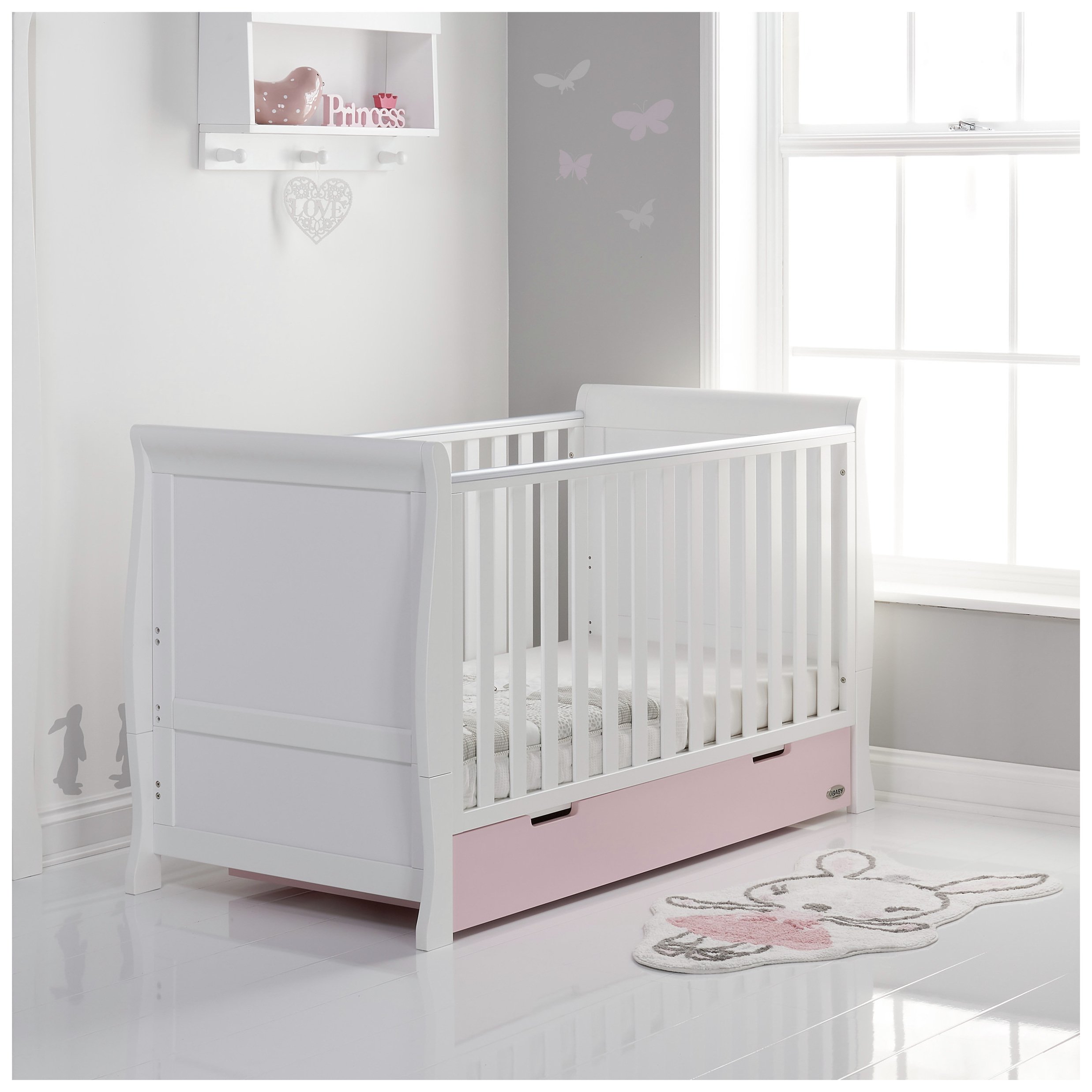 Obaby Stamford Classic Sleigh Cot Bed - White & Eton Mess