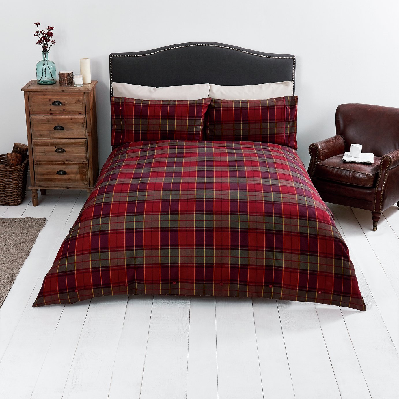 Sainsbury S Home Red Brushed Check Bedding Set Double 7365700