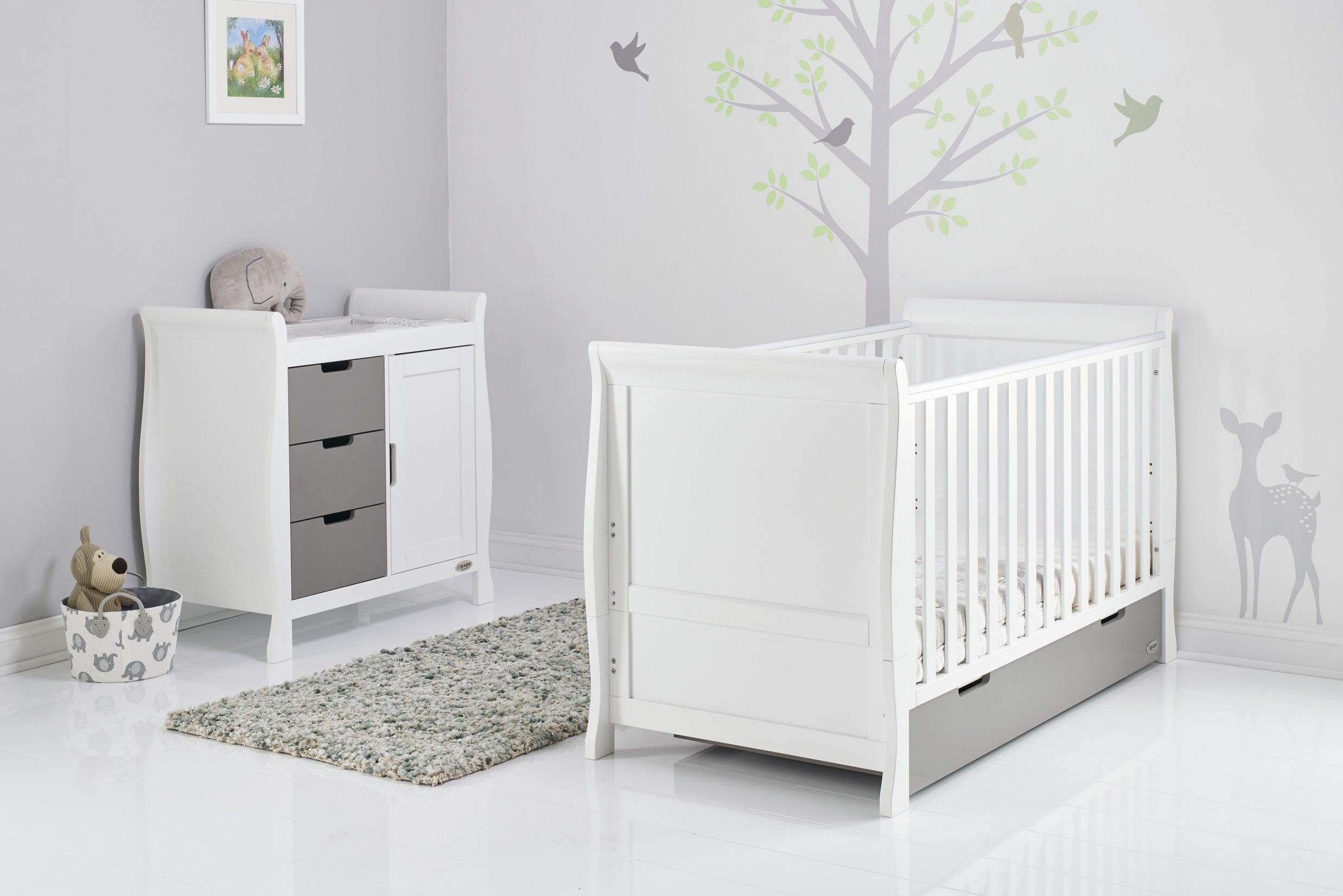 Obaby Stamford Sleigh 2 Piece Room Set - White & Taupe Grey