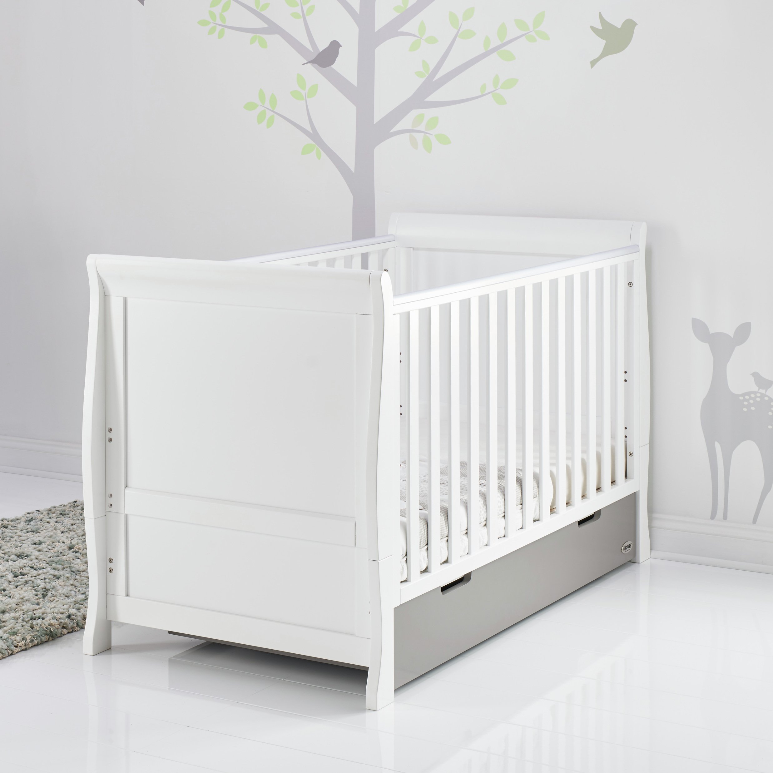 Obaby Stamford Sleigh Cot Bed - White & Taupe Grey
