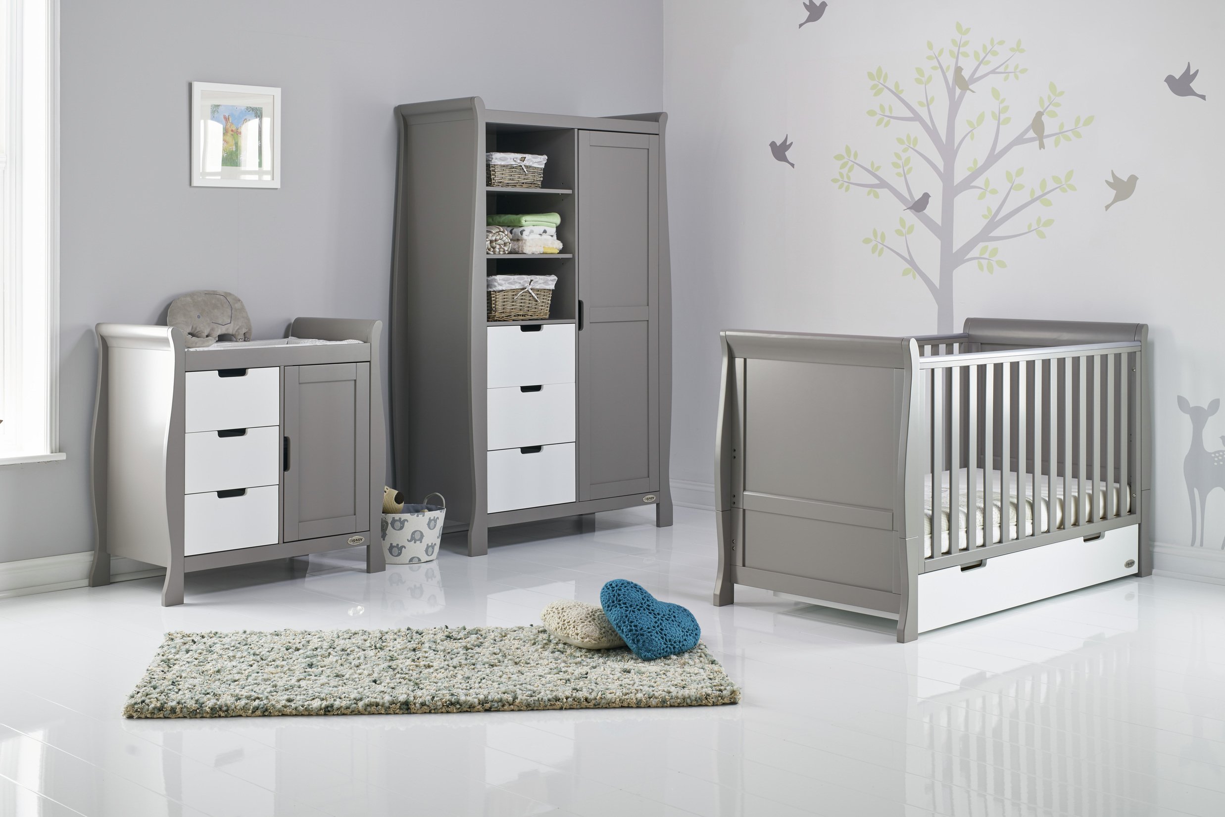 Obaby Stamford Sleigh 3 Piece Room Set - Taupe Grey & White