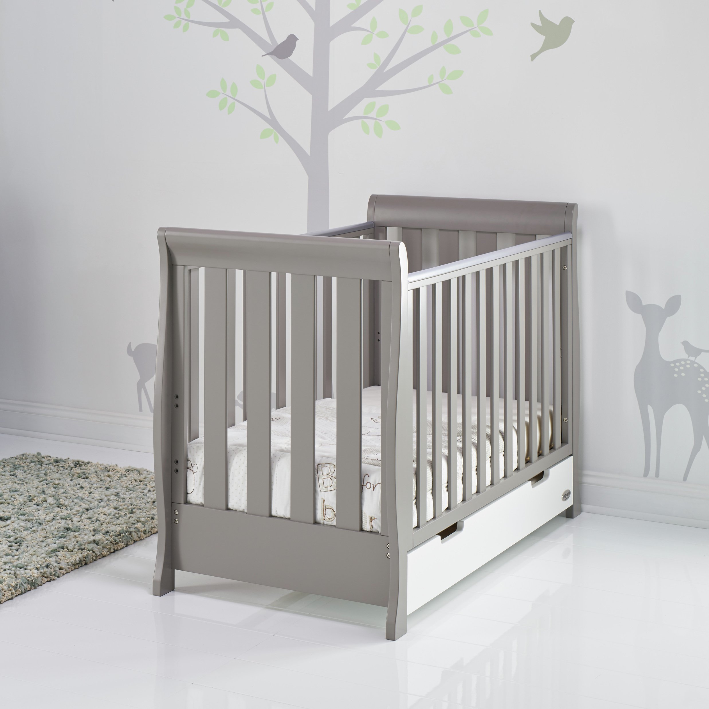 Obaby Stamford Mini Sleigh Cot Bed - Taupe Grey & White