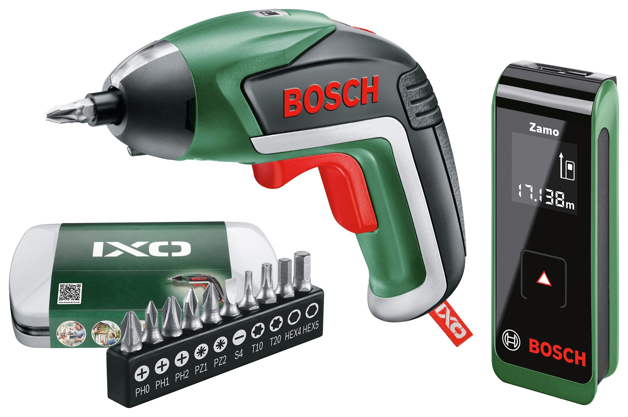 Bosch IXO Screwdriver and Zamo Measuring Tool Twin Pack
