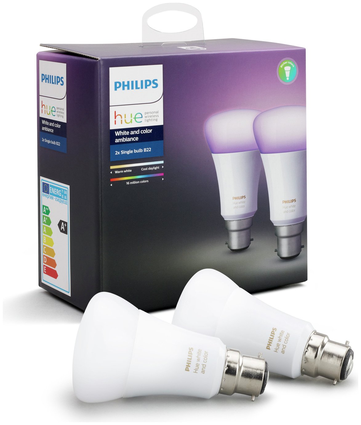Philips Hue White and Colour Ambience B22 Bulb Twin Pack.