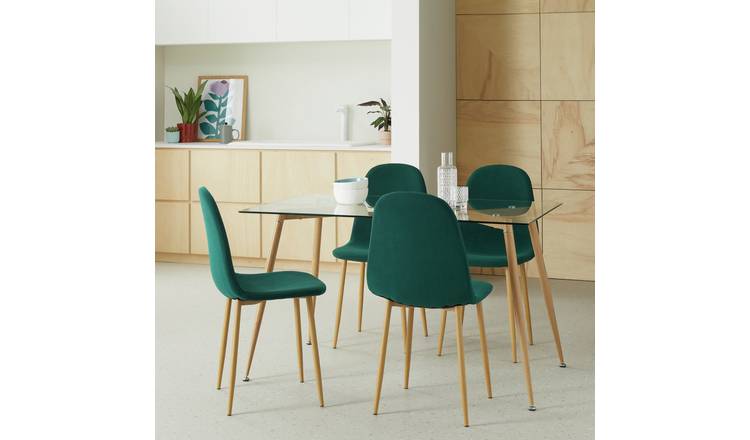 Habitat Beni Glass Oak Dining Table & 4 Green Chairs