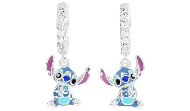 Disney Sterling Silver Stitch Charm Hoop Earrings 