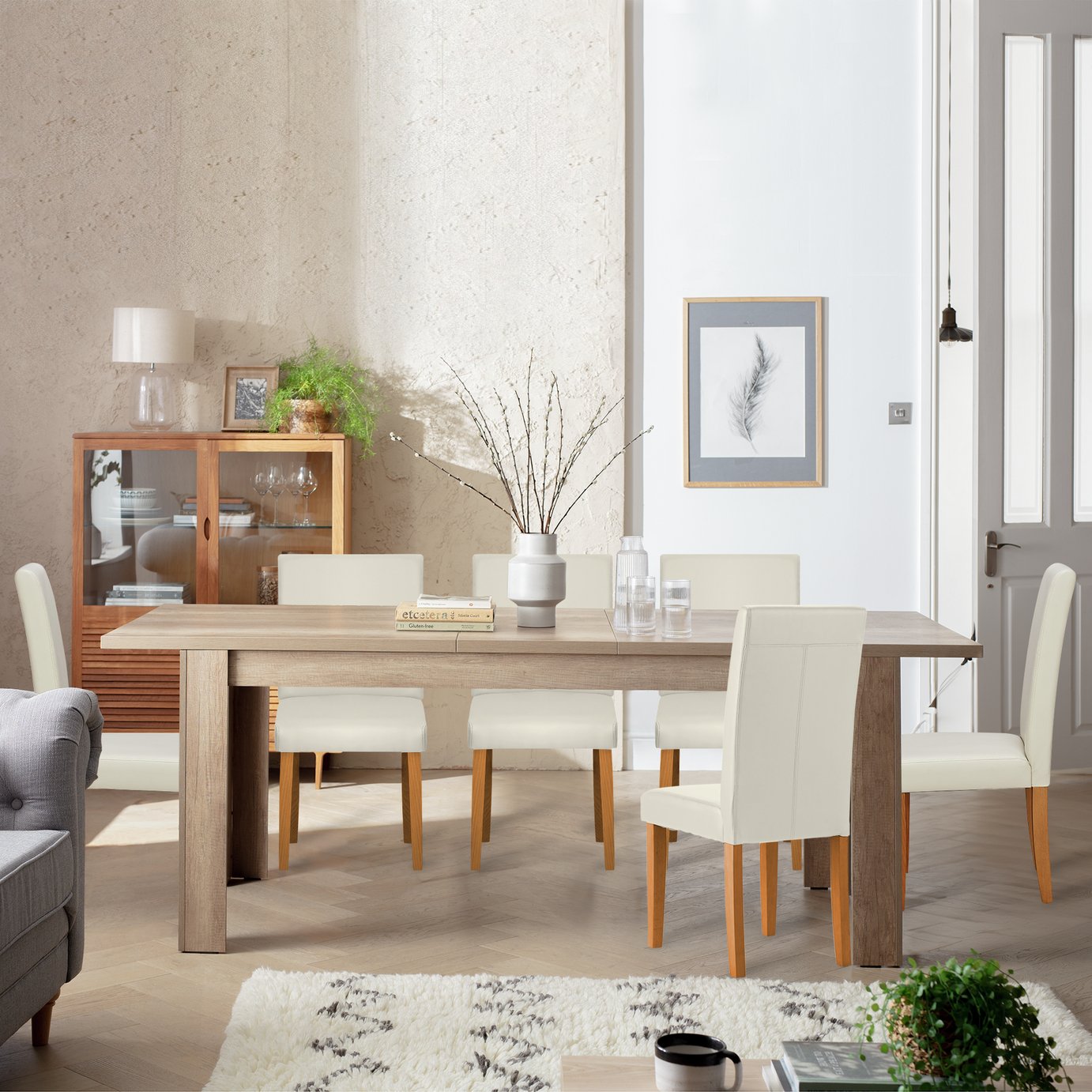 Argos Home Preston Extend Oak Dining Table & 6 Cream Chairs