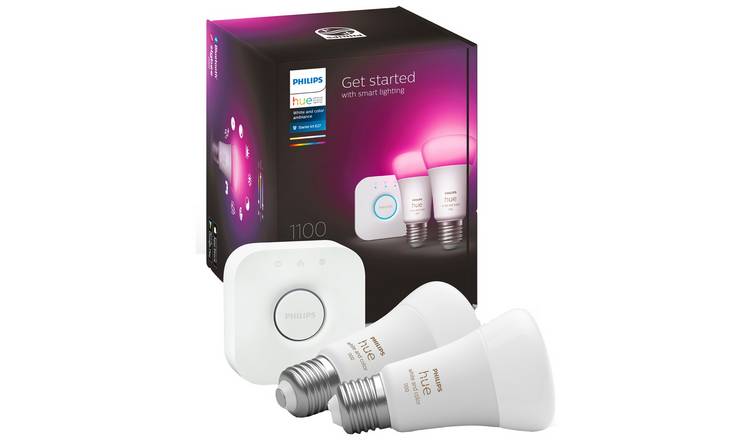 Philips Hue E27 11W Smart LED Bulb - Twin Pack and Bridge