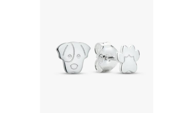 Revere Sterling Silver Paw and Dog Face Stud Earrings 