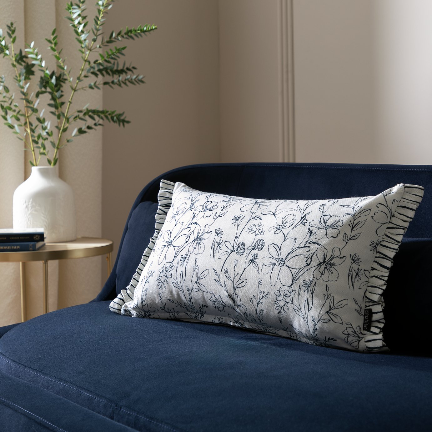 Habitat Printed Floral & Stripe Cushion - White - 30x50cm
