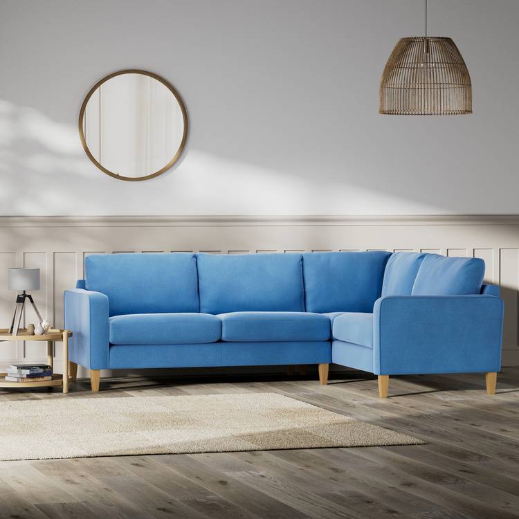 Habitat Flint Velvet Right Hand Corner Sofa-Sky Blue-Ash Leg 0