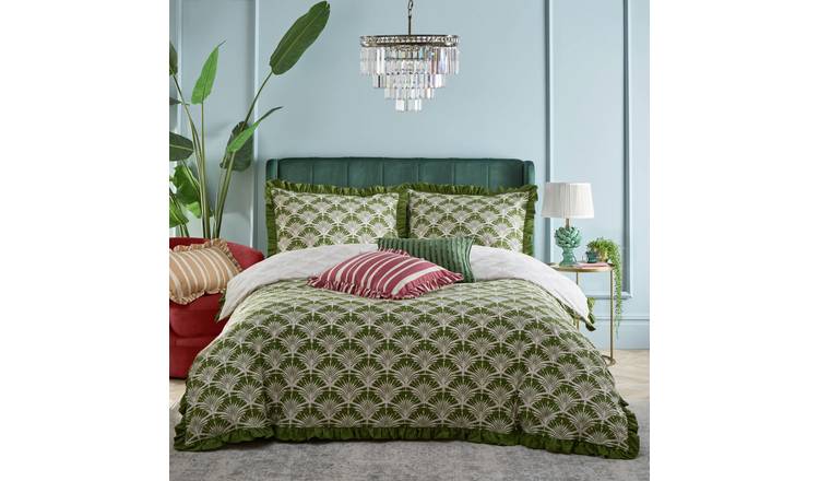 furn Deco Palm Printed Ruffle Green Bedding Set - King size