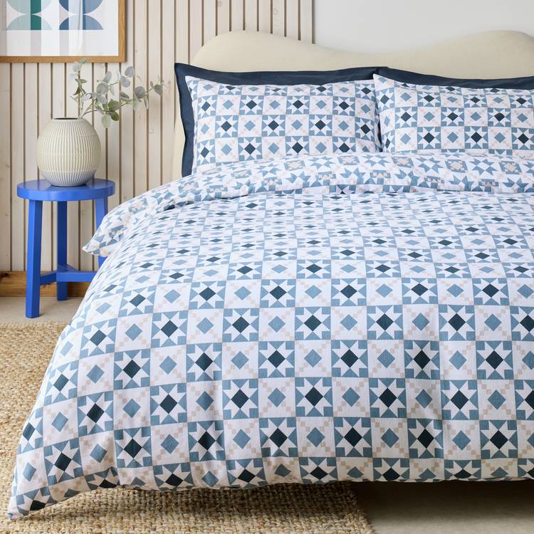 Habitat Cotton Tile Print Blue Bedding Set - Superking 0