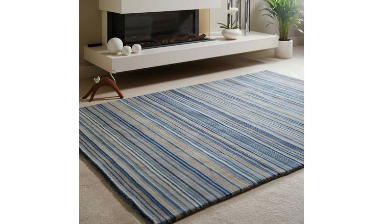 Origins Fine Stripe Blue Wool Short Pile Rug - 170x120cm