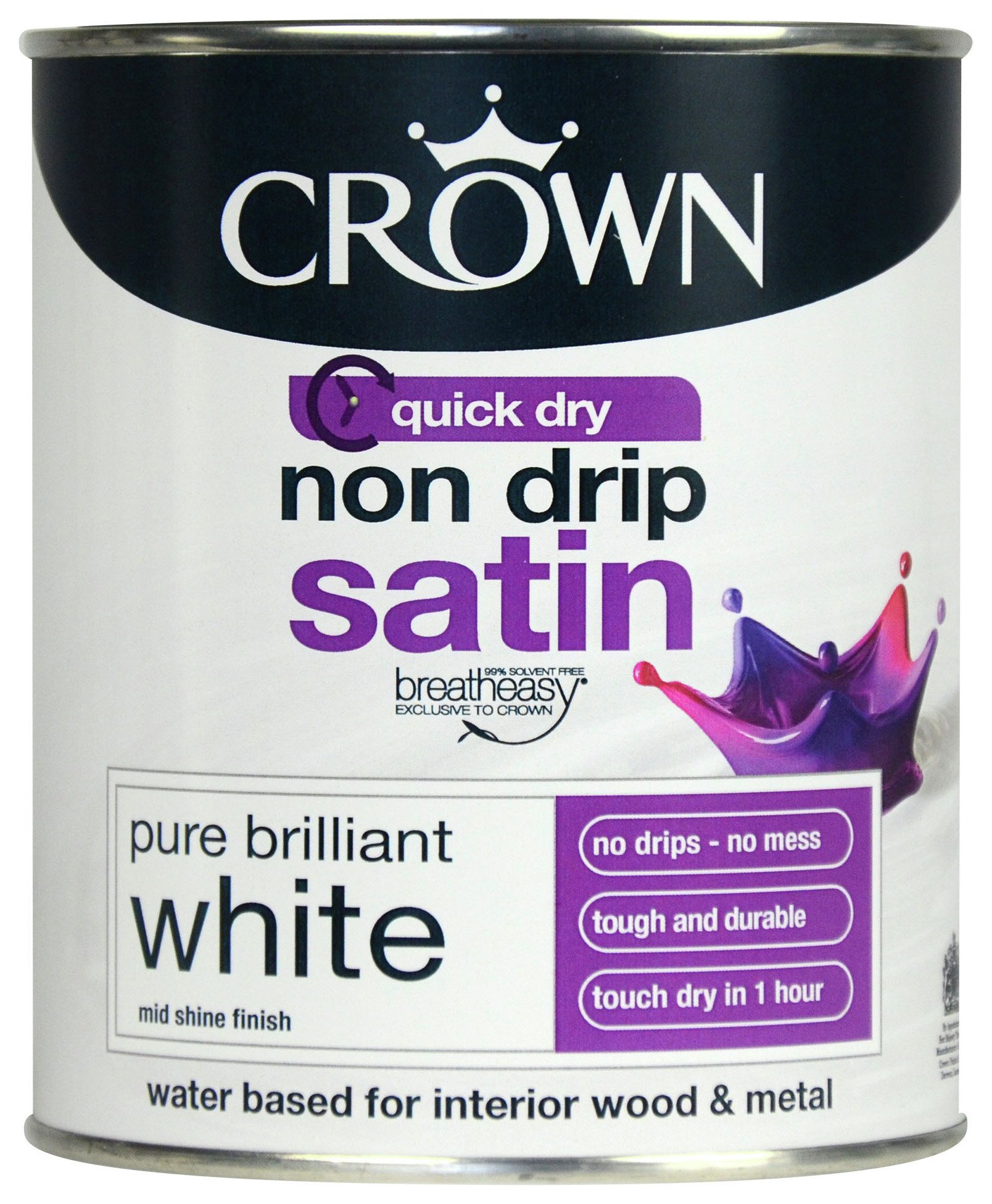 Crown Non Drip Satin Paint 750ml - Pure Brilliant White