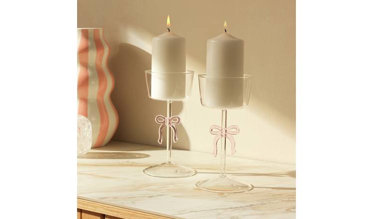 Habitat Glass Bow Pillar Candle Holder - Set of 2