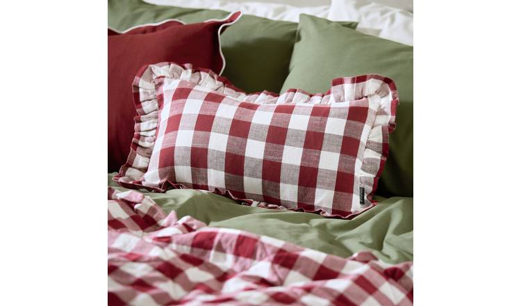 Habitat Gingham Check Frill Cushion - Berry - 50x30cm