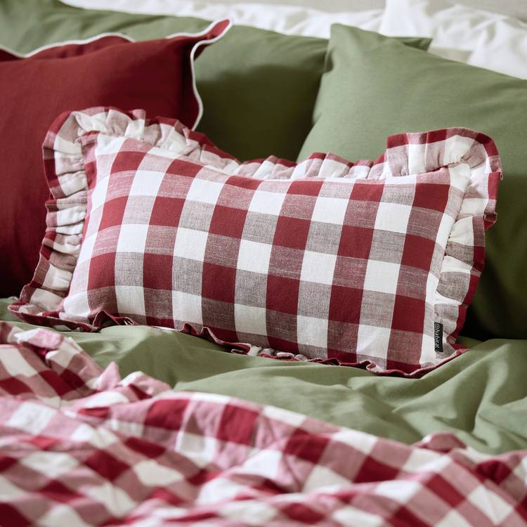 Habitat Gingham Check Frill Cushion - Berry - 50x30cm 0