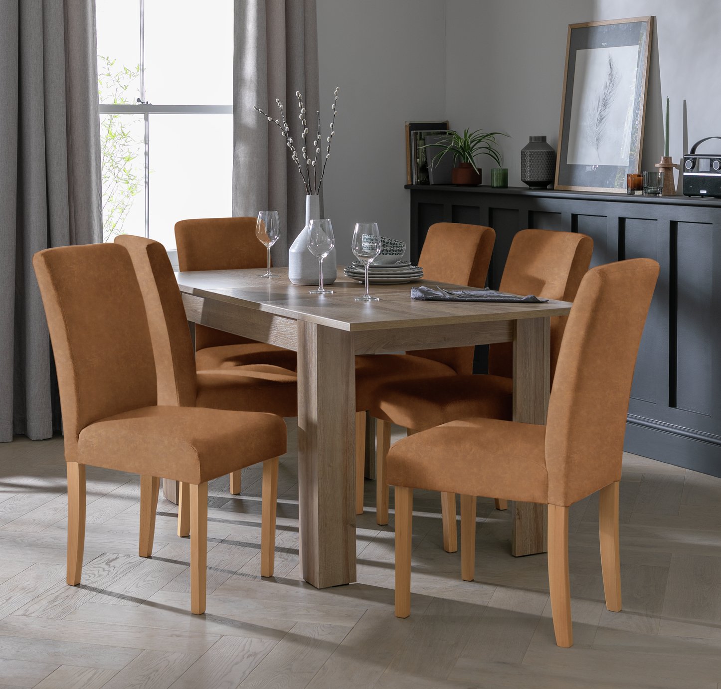 Argos Home Miami Extending Oak Dining Table & 4 Tan Chairs