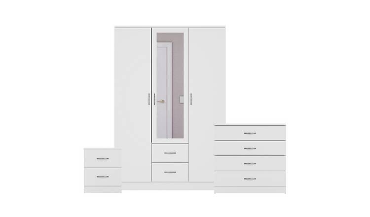 Vida Designs Riano Bedroom Set (Bedside, 4 Drawer Chest, Mirror Wardrobe)- White