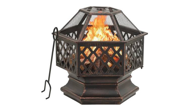 Walplus Steel Rustic Fire Pit with Poker XXL - Black and Brown - 62 x 54 x 56 cm