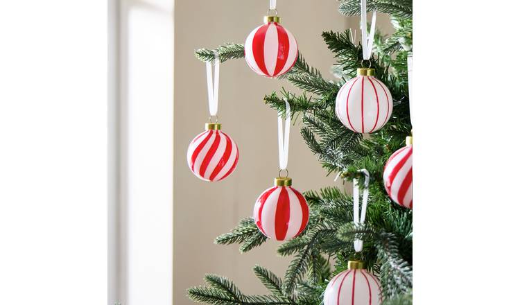 Argos Home Pack of 6 Mixed Red & White Stripe Glass Baubles