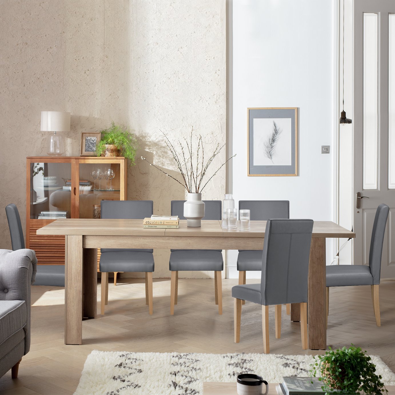 Argos Home Preston Ext Oak Dining Table & 6 Grey Chairs