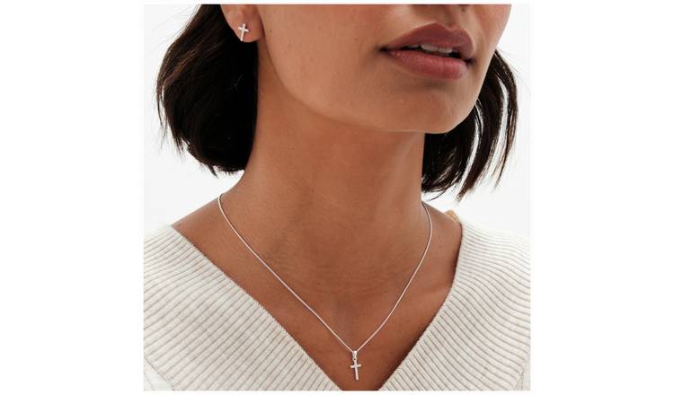 Simply Silver Sterling Silver Cross Pendant & Earring Set