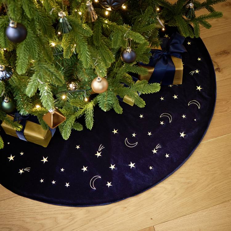 Habitat Blue Velour Gold Moons & Stars Christmas Tree Skirt 0