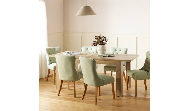 Argos Home Preston Extend Oak Dining Table & 6 Green Chairs