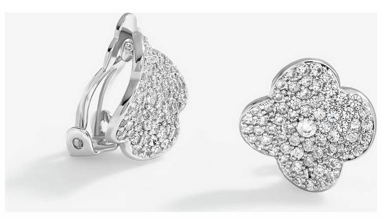 Jon Richard Cubic Zirconia Pave Clover Stud Clip Earrings
