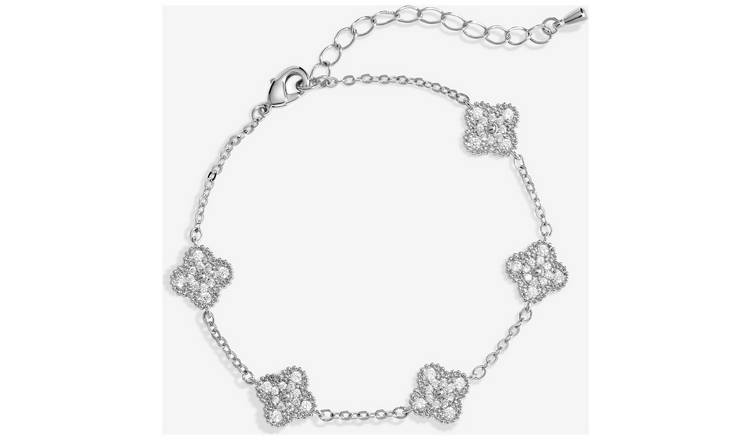 Jon Richard Rhodium Plated Pave Station Clover Bracelet 